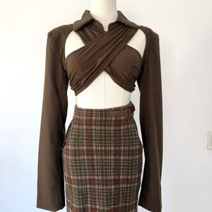 DANIELLE GUIZIO BROWN CUT OUT WRAP BLAZER TOP